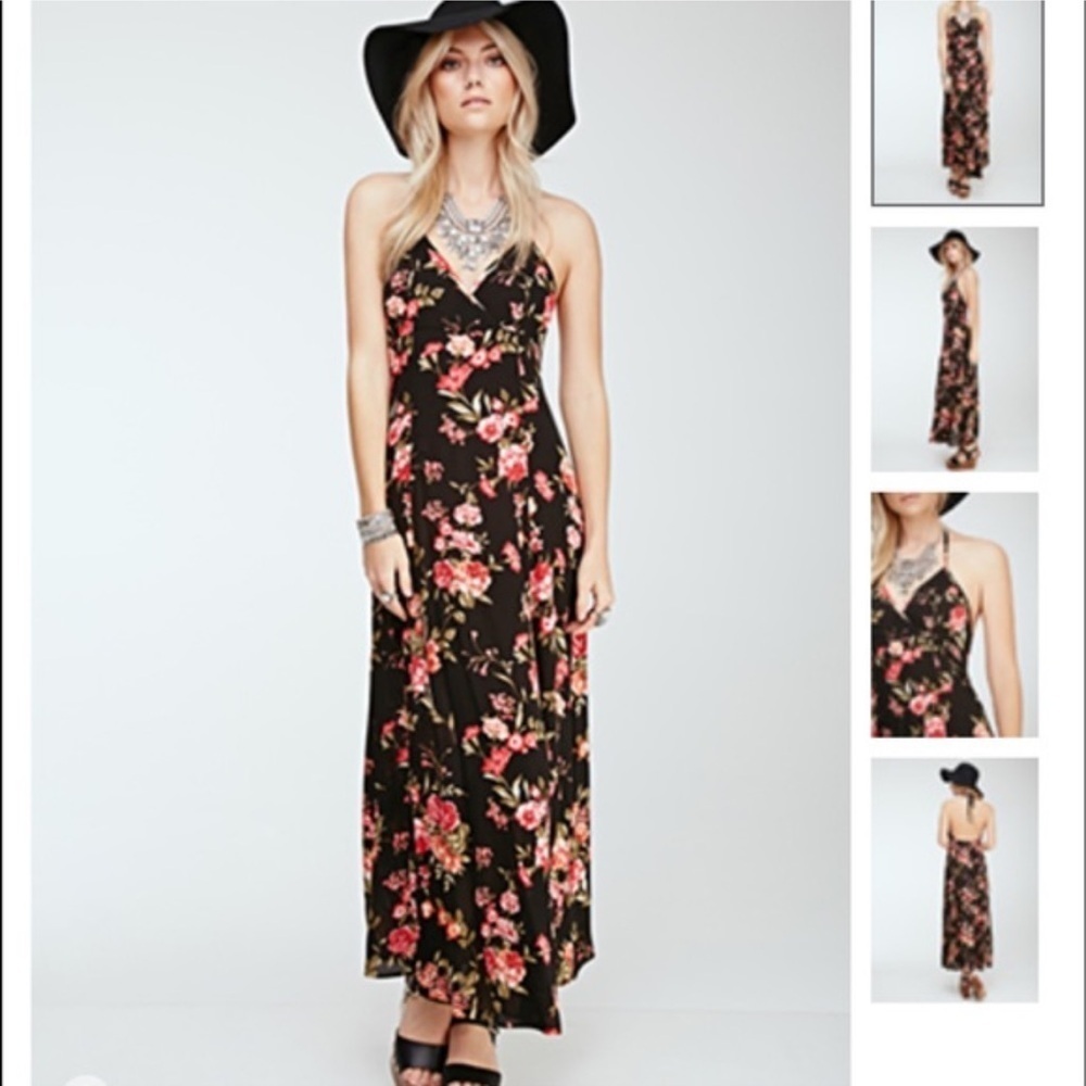 🖤💕EUC- SUPER CUTE FOREVER 21 BLACK HALTER FLORAL DRESS SZ S🖤💕